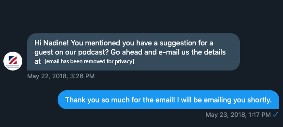 podcast host's Twitter DM asking for more information on potential guest 